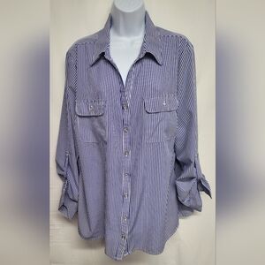 Notations 2X Button Down Shirt Top Striped Adjustable Sleeve Excellent Condition